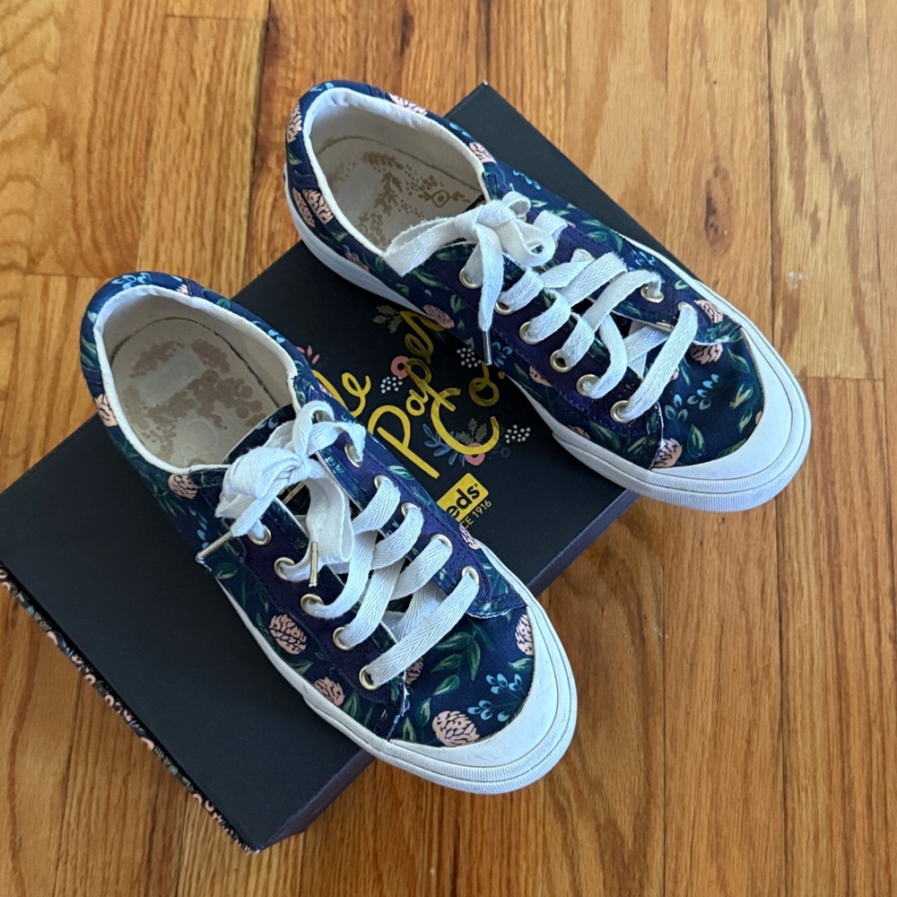 Keds, Rifle paper Co.,Navy Floral Canvas Sneakers with White Laces. Gently used
